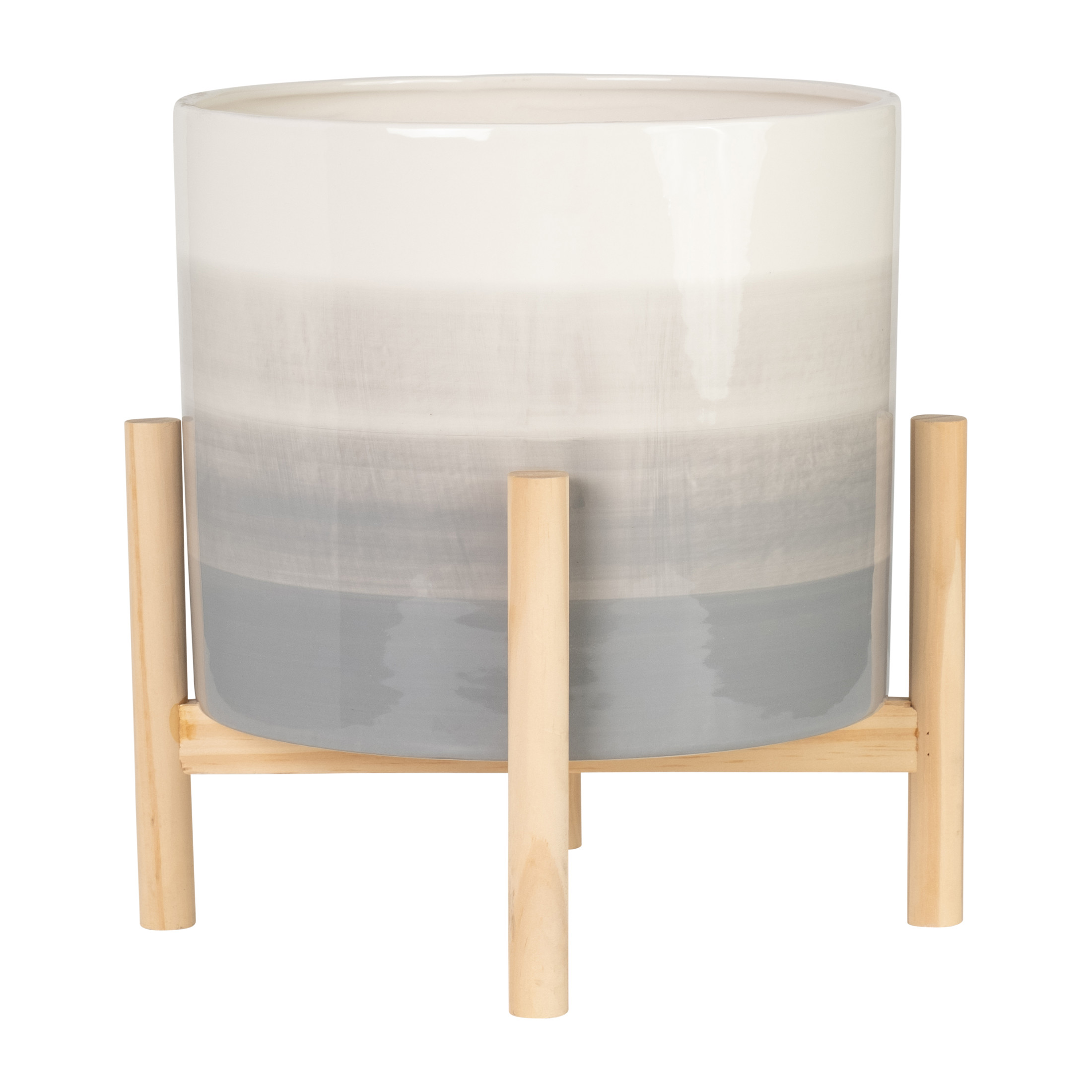 Round Flower Pots with Wood Legs for Home Decor - Ceramic Plant Pot for Indoor and Outdoor Plants - Modern Garden Style for Entryway and Hallway Styling - 14", Beige