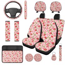 Uorisanigo Cute Strawberry Car Seat Covers Set 14 Pcs with Cars Console Cover and Steering Wheel Cover Auto Headrest Cover Seat Belt Cover Cars Water Cup Coaster Anti-slip Fit Most Car SUV