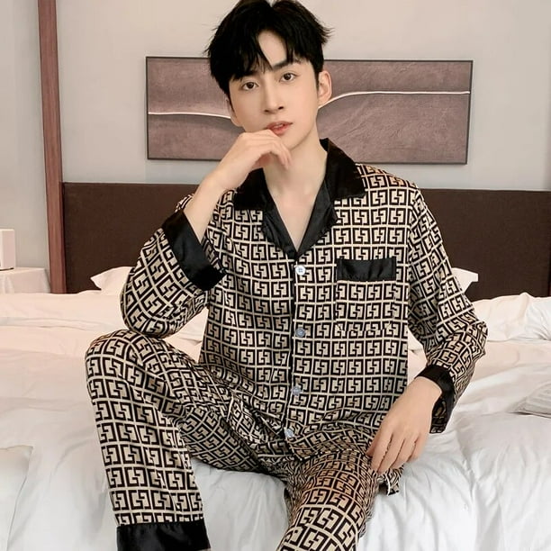 Pijamas finos de seda de hielo para hombre ropa de casa suelta de lujo conjunto de pijamas de saten traje de dormir nocturno para caballeros primavera y verano Walmart en linea