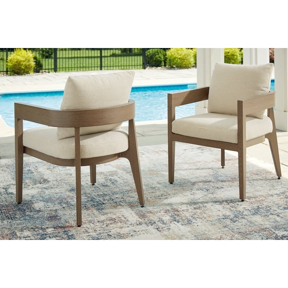 Signature Design by Ashley Serene Bay Outdoor Dining Arm Chairs with Cushions (Set of 2), Wood-Look Aluminum Frame, Brown/Beige