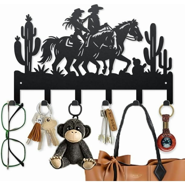 Ganchos metálicos para llaves de vaquero, vaquera y caballo, de 15,7 x 9,8 pulgadas, estilo desierto occidental, para colgar en la pared, con diseño de cactus negro y 6 ganchos.