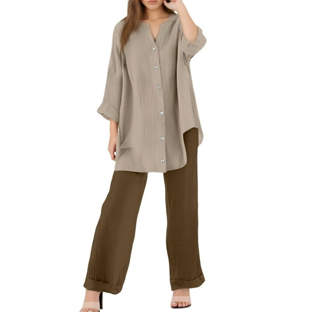 Conjuntos de 2 piezas para mujer: blusa de pierna ancha y pantalones elásticos. Camisa informal con cuello en V y bolsillos. Ropa urbana para todas las estaciones.