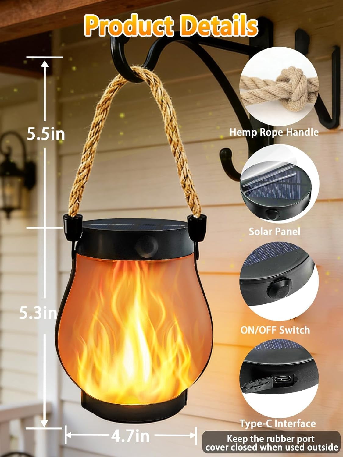 4 Pack Gen2 Solar Lanterns Outdoor Waterproof, Solar Lantern with Dancing Flame, 2 Lighting Modes, Dual Charging USB & Solar, Solar Outdoor Lights with Rope Handle for Camp Garden Tree Tabletop Decor