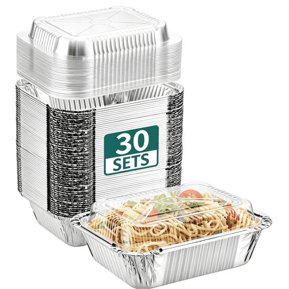 Small Aluminum Pans with Clear Lids (30-Pack, 8.6"×6.3") – 2.25LB Tin Foil Pans with Lids, Disposable Aluminum Food Containers with Lids for Take-out, Meal Prep, Food Storage & To-Go
