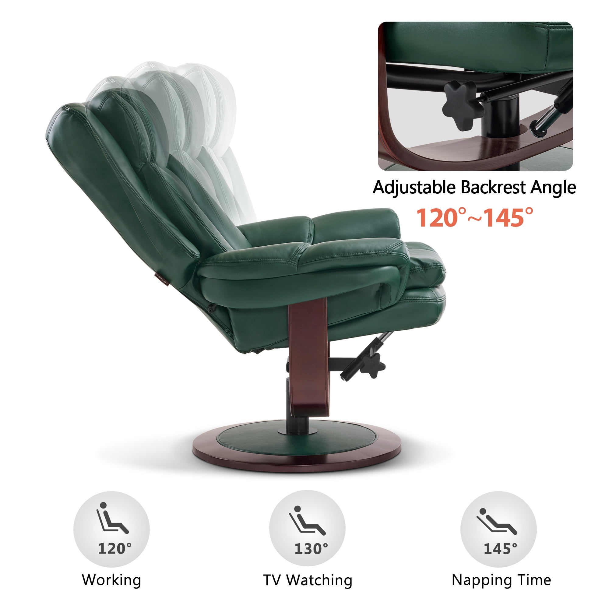 MCombo Swivel Recliner with Ottoman, Reclining Chair with Adjustable Back, Faux Leather Upholstered Lounge Chair for Living Room Bedroom Office 4651（Green）