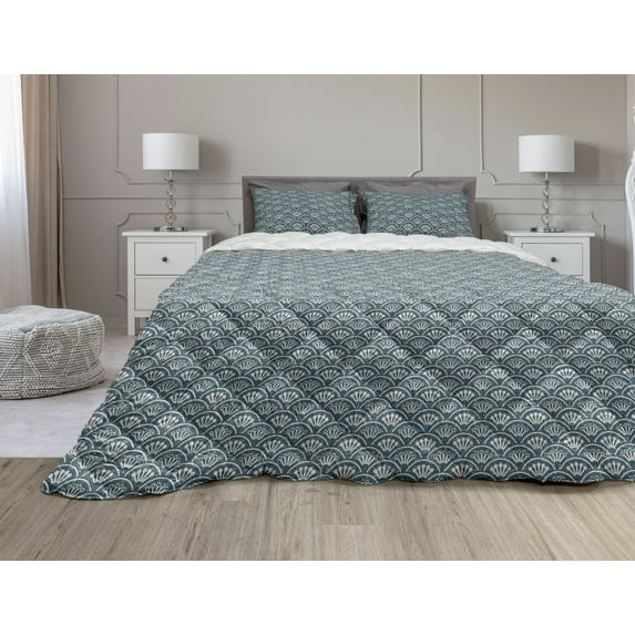 Vintage Comforter & Sham Bedding Set, Scale Design with Flower Buds Abstract Garden Art Motifs Weathered Backdrop, 3 pcs Duvet Set Microfiber Filling Quilt, 5 Sizes, Dark Teal Eggshell, by Ambesonne