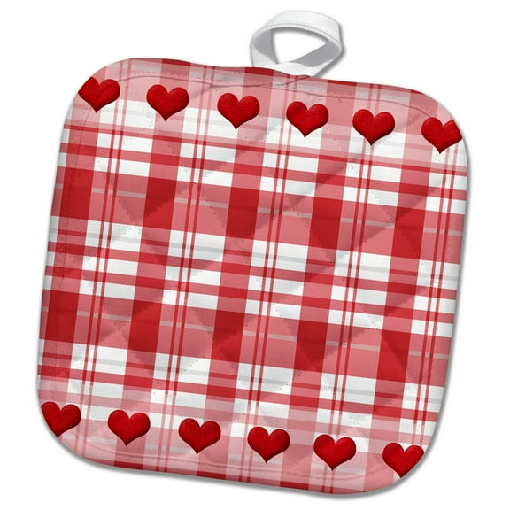 3dRose, Cute Red and White Plaid Pattern With Two Rows Of Hearts, 8x8 Potholder