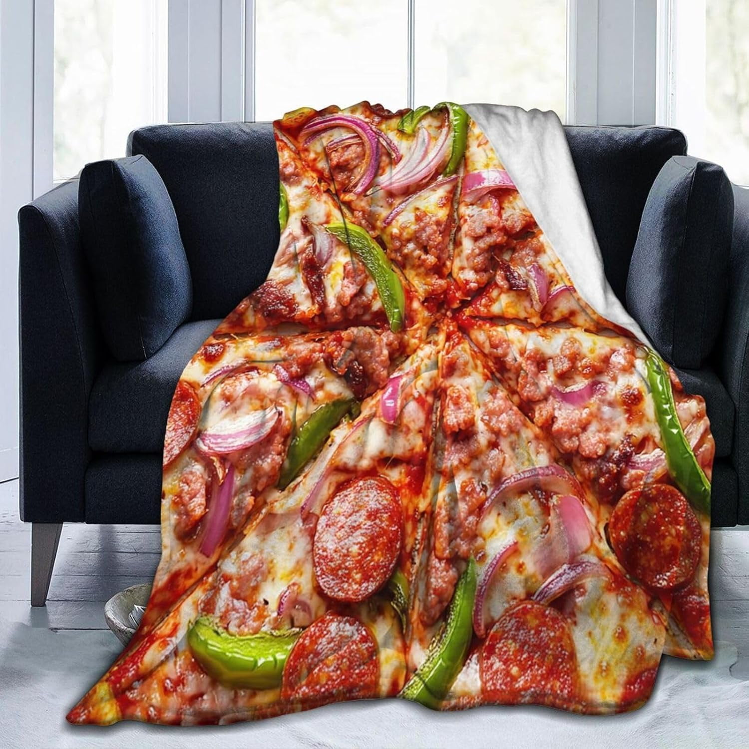 Pizza Blanket Realistic Food Blankets for Women men Funny Onion Sausage Pepper Cheese Fleece Throws Cozy Flannel Warm Plush Stuff for Bed Decor Gifts for Pizza Lovers Users Men Women 50"x40"