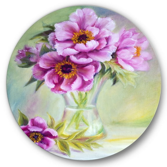 Designart 'Purple Peonies In Vase Still Life' Traditional Circle Metal Wall Art 36x36 - Disc of 36