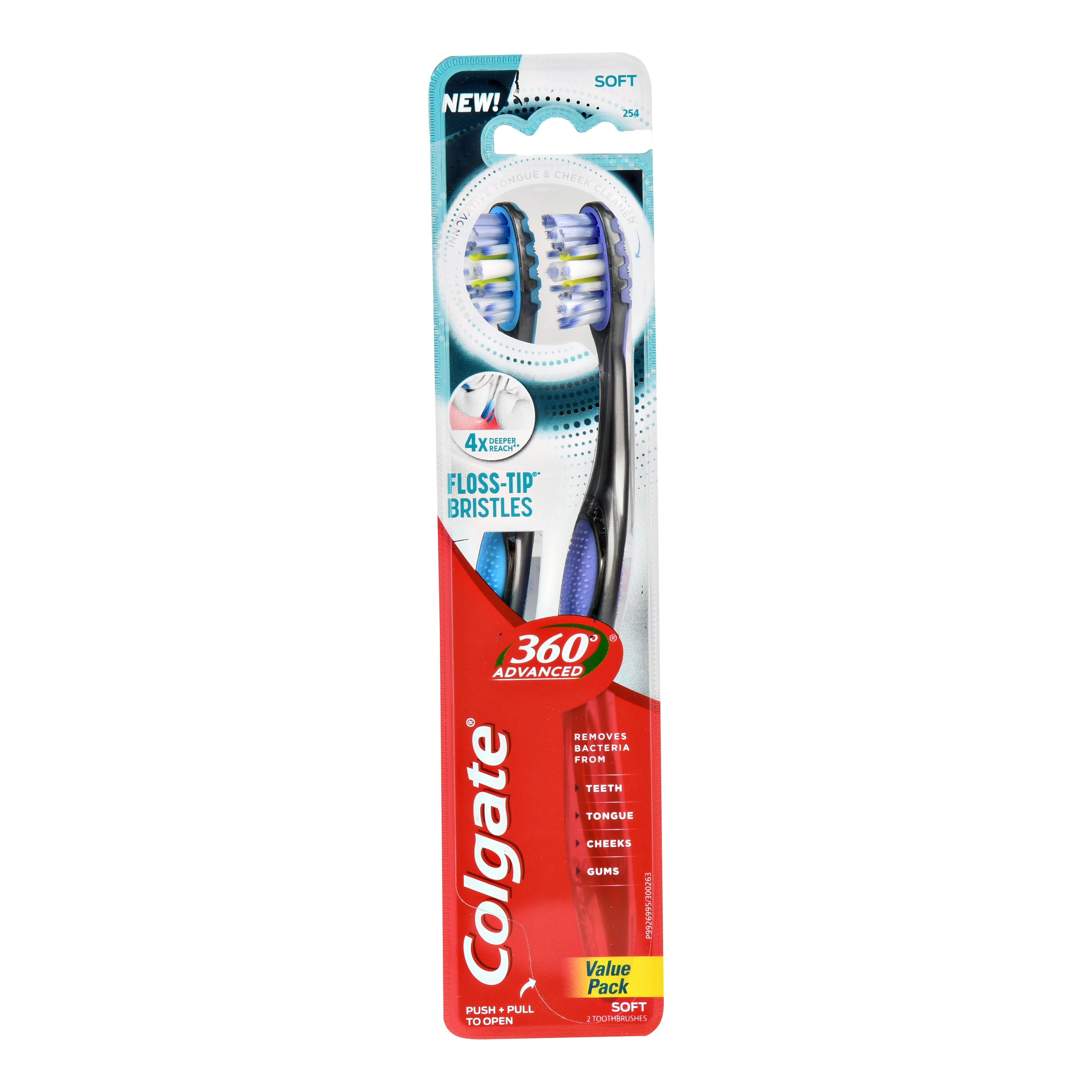 Colgate 360 Floss Tip Soft Bristle Toothbrush, 2 Pack