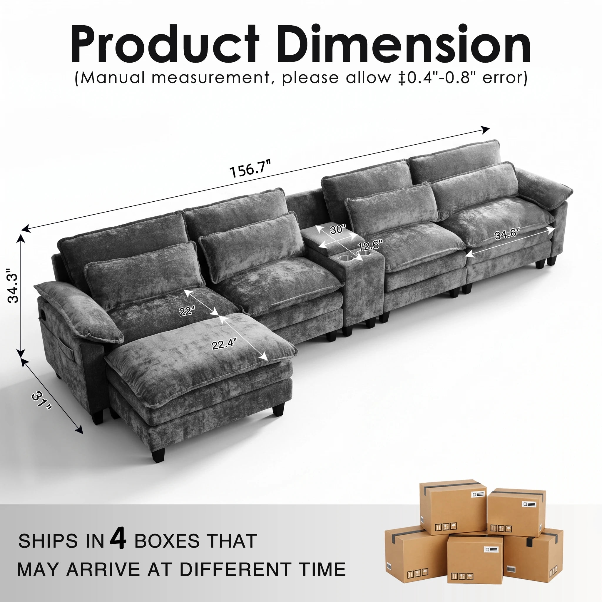 AISWORD 157" L Shaped Cloud Sectional, Modular Sofa with USB Charging, Hidden Storage, Cup Holders, Living Room Furniture, Gray