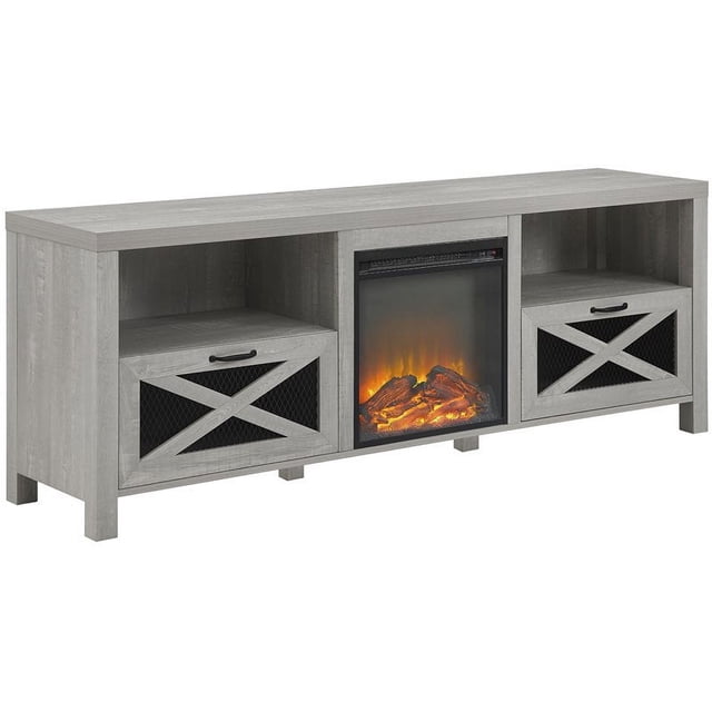 Meuble TV avec Cheminée Style Ferme Rustique 70 Pouces en Gris Pierre