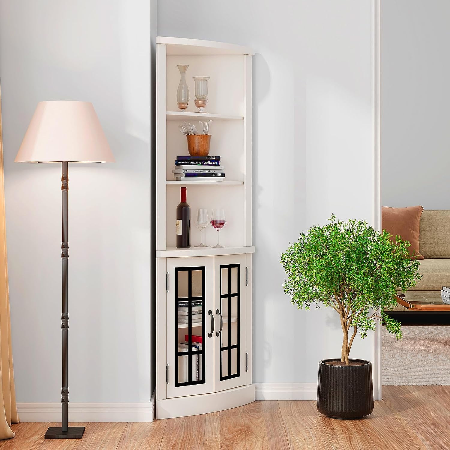 Merluxy Curved Corner Cabinet, 65" Wood Bookcase with 3 Shelves, Distressed White