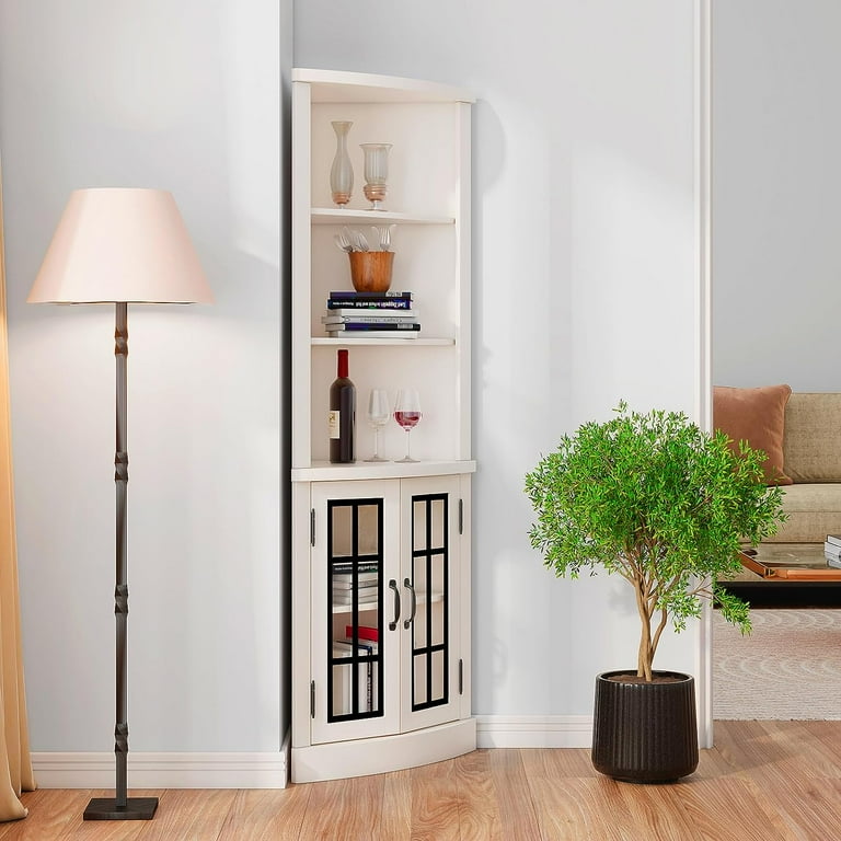 Merluxy Curved Corner Cabinet 65 Wood Bookcase with 3 Shelves Distressed White