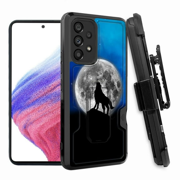 ANJ  Rugged Shockproof Hoster Case w/Card Slot, Kickstand   Tempered Glass Cover for Samsung Galaxy A33 5G - Galaxy Night Howling Wolf