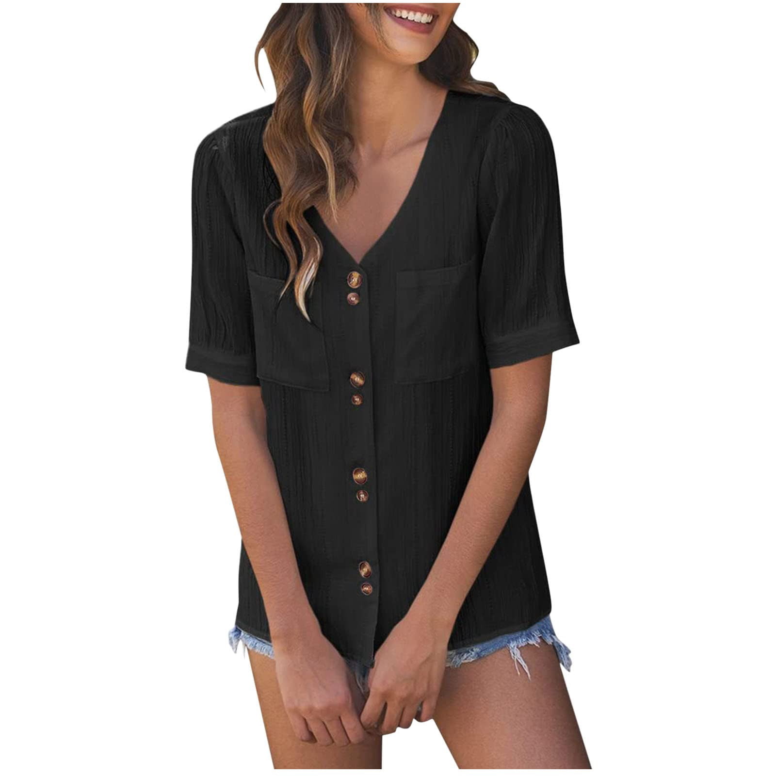 Womens Summer Tops Henley V Neck Button Short Sleeve Tshirts Solid ...