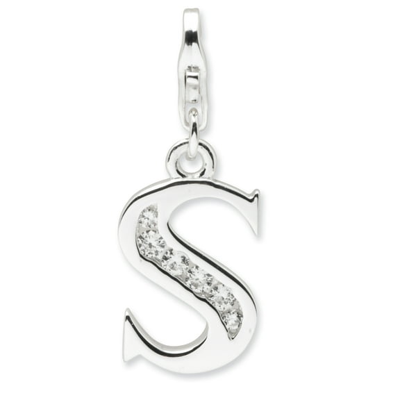 Amore La Vita  Sterling Silver Rhodium-plated Polished CZ Letter S Initial Charm with Fancy Lobster Clasp