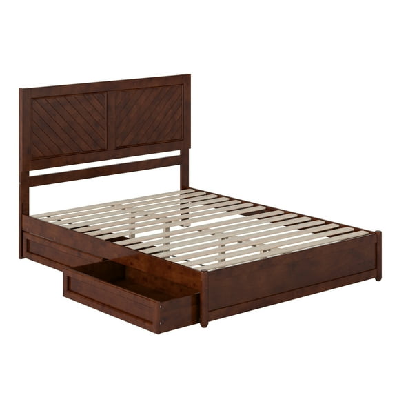 Clayton Queen Wood Platform Bed with Panel Footboard & Storage Drawers in Walnut