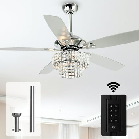 52 Modern Crystal Ceiling Fan with Lights Remote Control Reversible 5 Blades Chandelier Fan Chrome