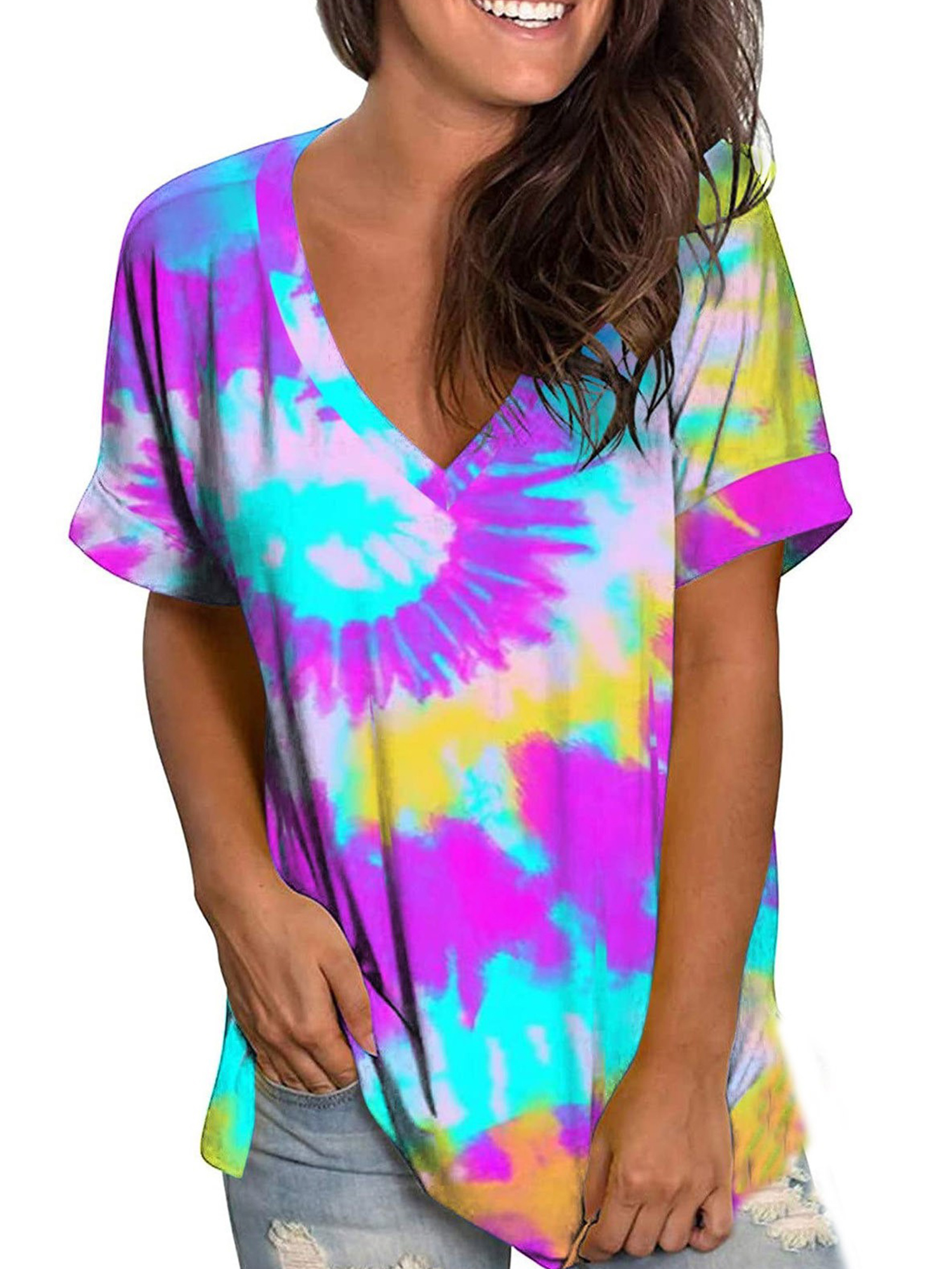 Shirts Tops for Women,Womens Colorful Tie Dye Short Sleeve T-Shirt V Neck Graphic Printed Tee Casual Summer Tops