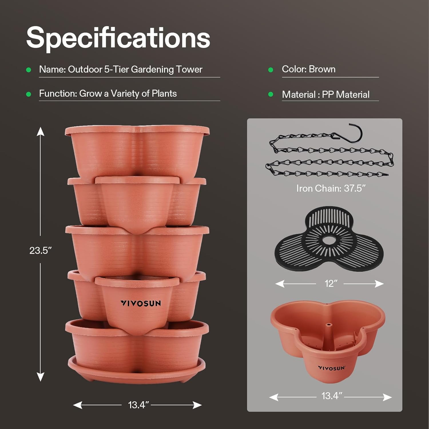 VIVOSUN 2-Pack 5 Tier Vertical Gardening Stackable Planter for Strawberries, Flowers, Herbs, Vegetables Brown
