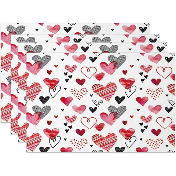 Valentine''s Day Placemats Set of 4 12x18 Inch Red Black Heart Romantic Table Place Mats Valentines Day Table Decoration for Indoor Outdoor Party Kitchen Dining Table