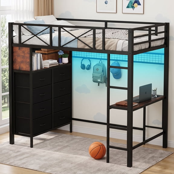 Miniyam Twin Metal Loft Bed with Desk and 8 Storage Drawers and LED Light, Black