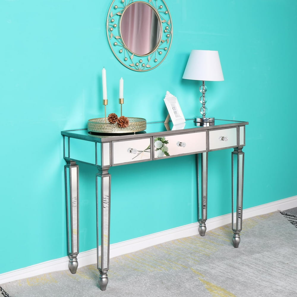 Ktaxon Mirrored Console Table Sofa Vanity Table with 3 Drawers Entryway Table with Storage for