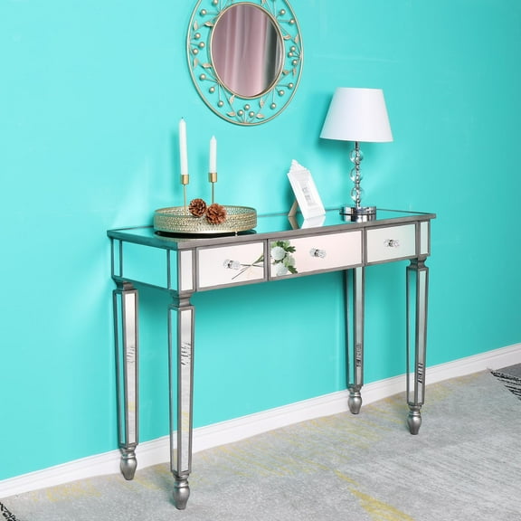 Ktaxon Mirrored Console Table Sofa Vanity Table with 3 Drawers Entryway Table with Storage for Hallway, Living Room, Foyer