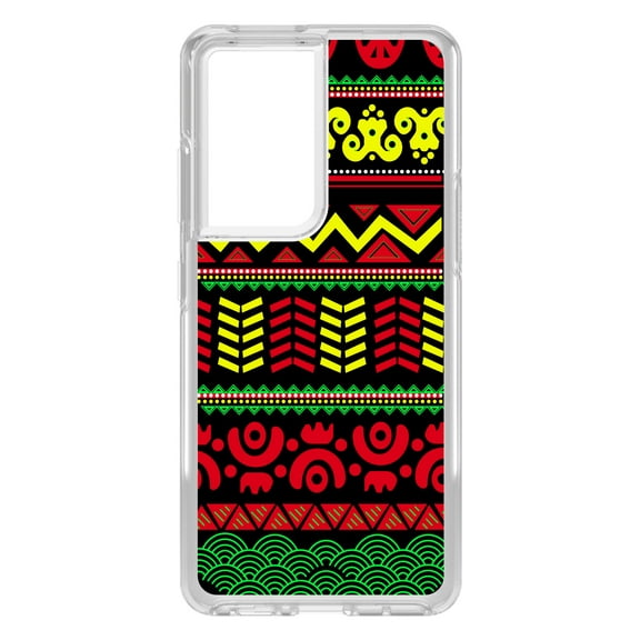 DistinctInk Clear Shockproof Hybrid Case for Galaxy S21 ULTRA 5G (6.8" Screen) - TPU Bumper, Acrylic Back, Tempered Glass Screen Protector - Black Yellow Red Aztec Tribal