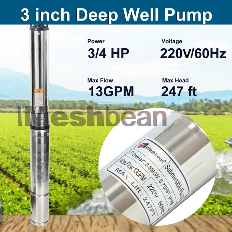 iMeshbean Deep Submersible Waterproof 220V,247ft Home Pump Cord,Submersible Well Irrigation Pump with 3/4HP Stainless 13GPM Use, Well 3\