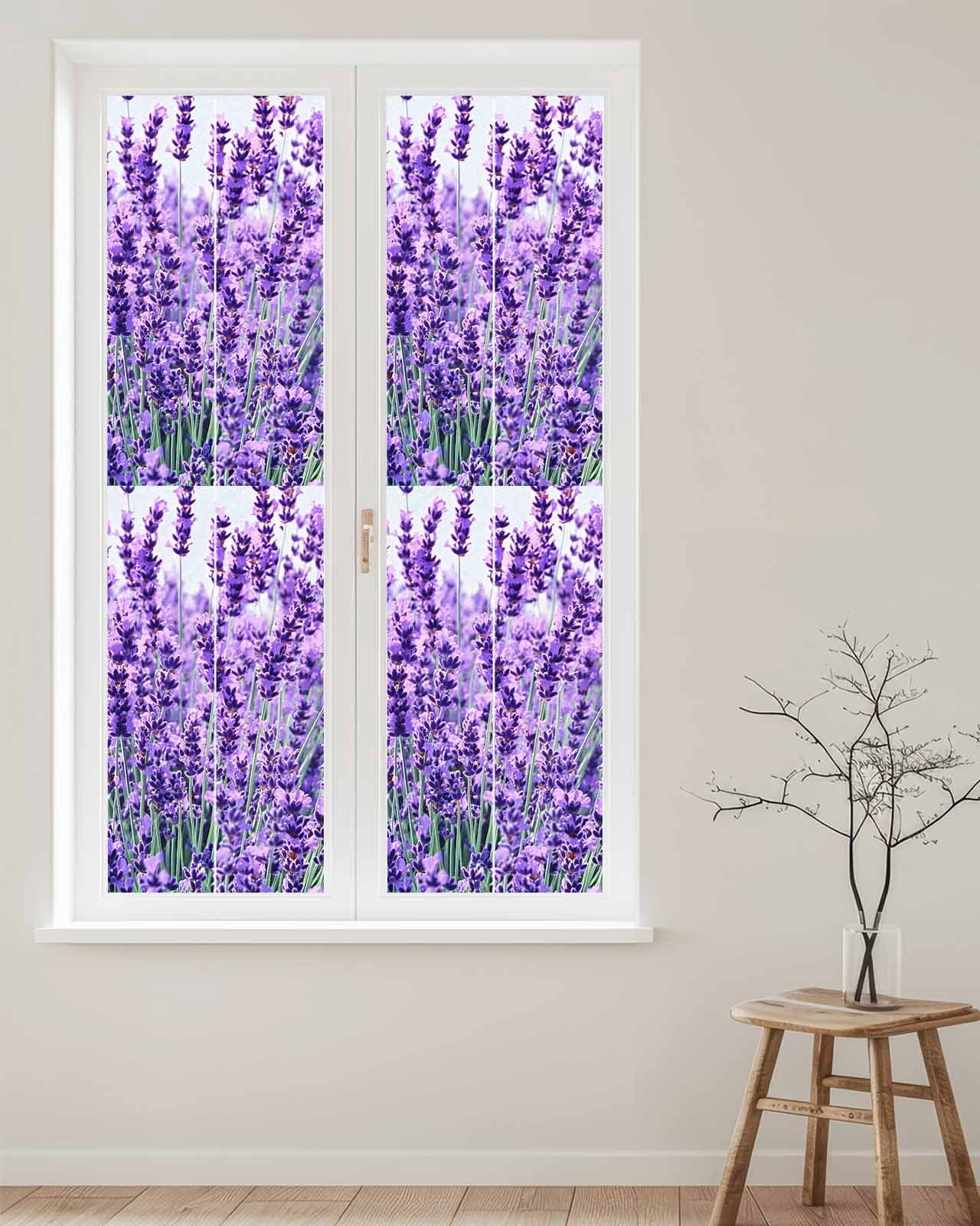 Window Privacy Film Lavender Botanical Art Stained Glass Window Film Decorative Sun Block Window Cover Verdant Flower Purple Window Clings Static Adhesive Sticker for Bathroom 23.6"x78.7"