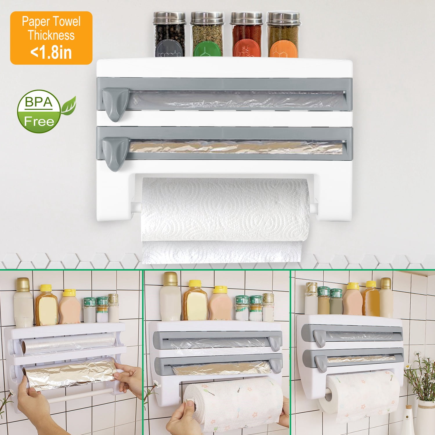 Magnetic Plastic Wrap Dispenser with Cutter Refillable Aluminum Tin Foil and Plastic Wrap Organizer for Kitchen,
