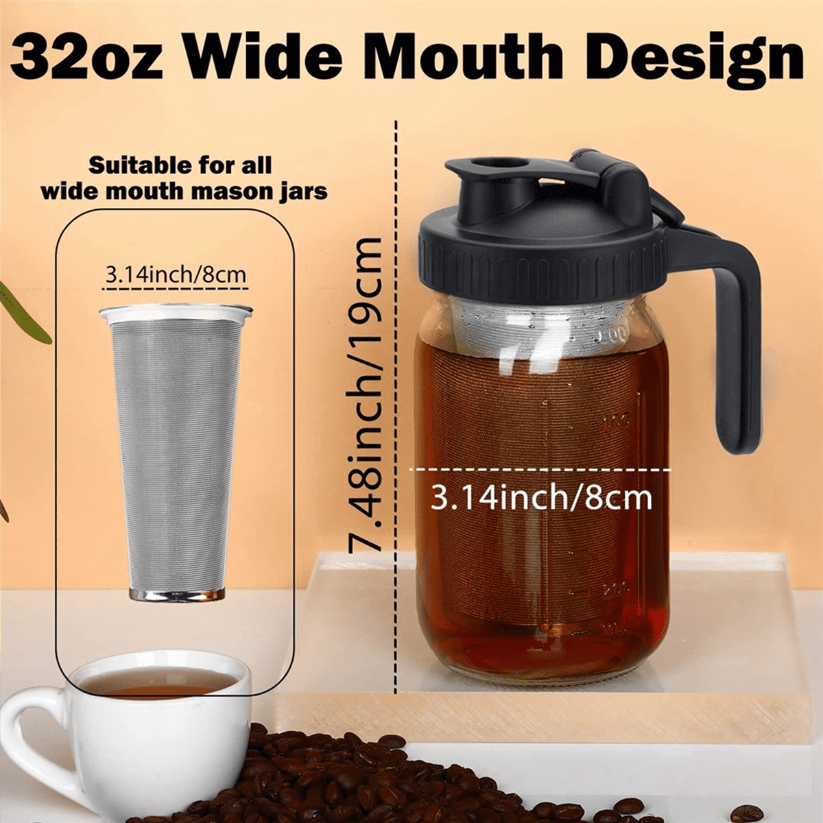 Cold Brew Coffee Maker 32Oz Cold Brew Pitcher with Stainless Steel Super Dense Filter for Iced Brew Coffee, Ice Tea-A