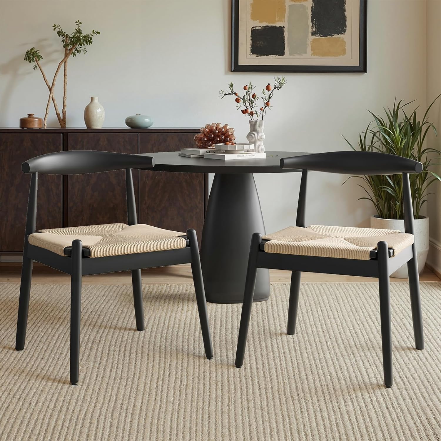 Farini Mid-Century Dining Chairs Set of 4, Solid Wood Frame & Woven Leather Seats, Black-Beige