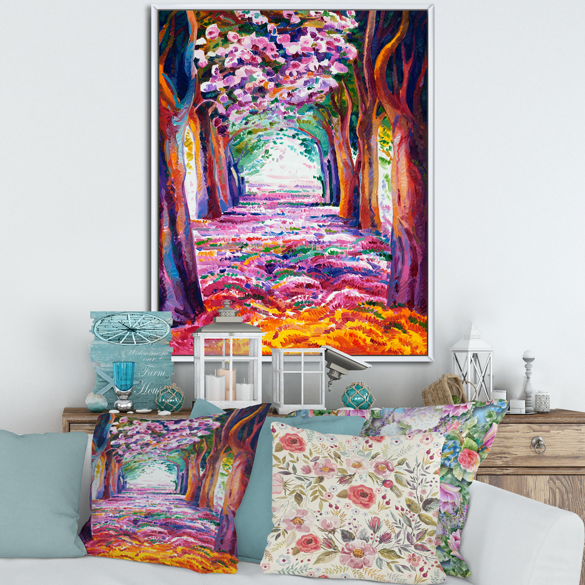 Designart 'Pink Flowering Colorful Spring Forest' Lake House Framed Canvas Wall Art Print