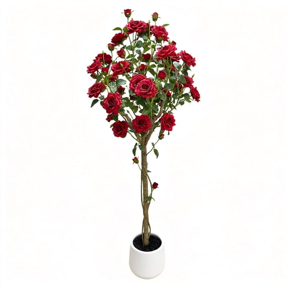 1.5-Meter Artificial Rose Tree, Realistic Silk Flower Plant with Plastic Trunk in Decorative Pot, for Indoor & Covered Outdoor Decor