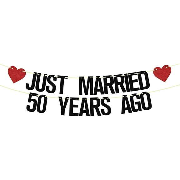 Just Married 50 Years Ago Banner, 50th Wedding Anniversary Party Banner Decorations, We Still Do 50th Banner, 50 Years Blessed & Loved Decorations Supplies Black Red Glitter…
