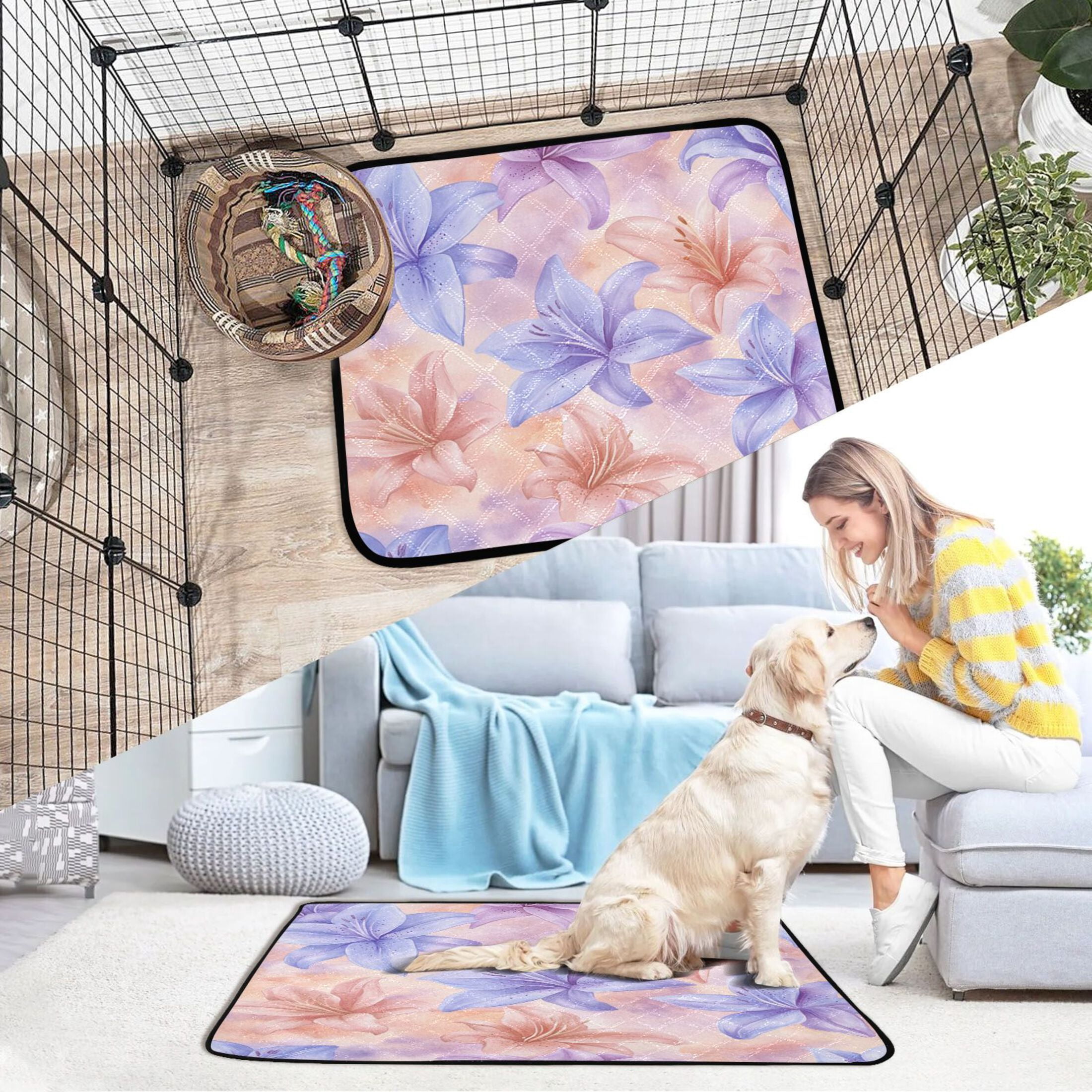 Qxltty Lavender Tones Depicting Blooming Lilies Cat litter Pads Pet Set of 2 Diaper Mats Center Anti-leakage Layer Absorbent Soft and Comfortable