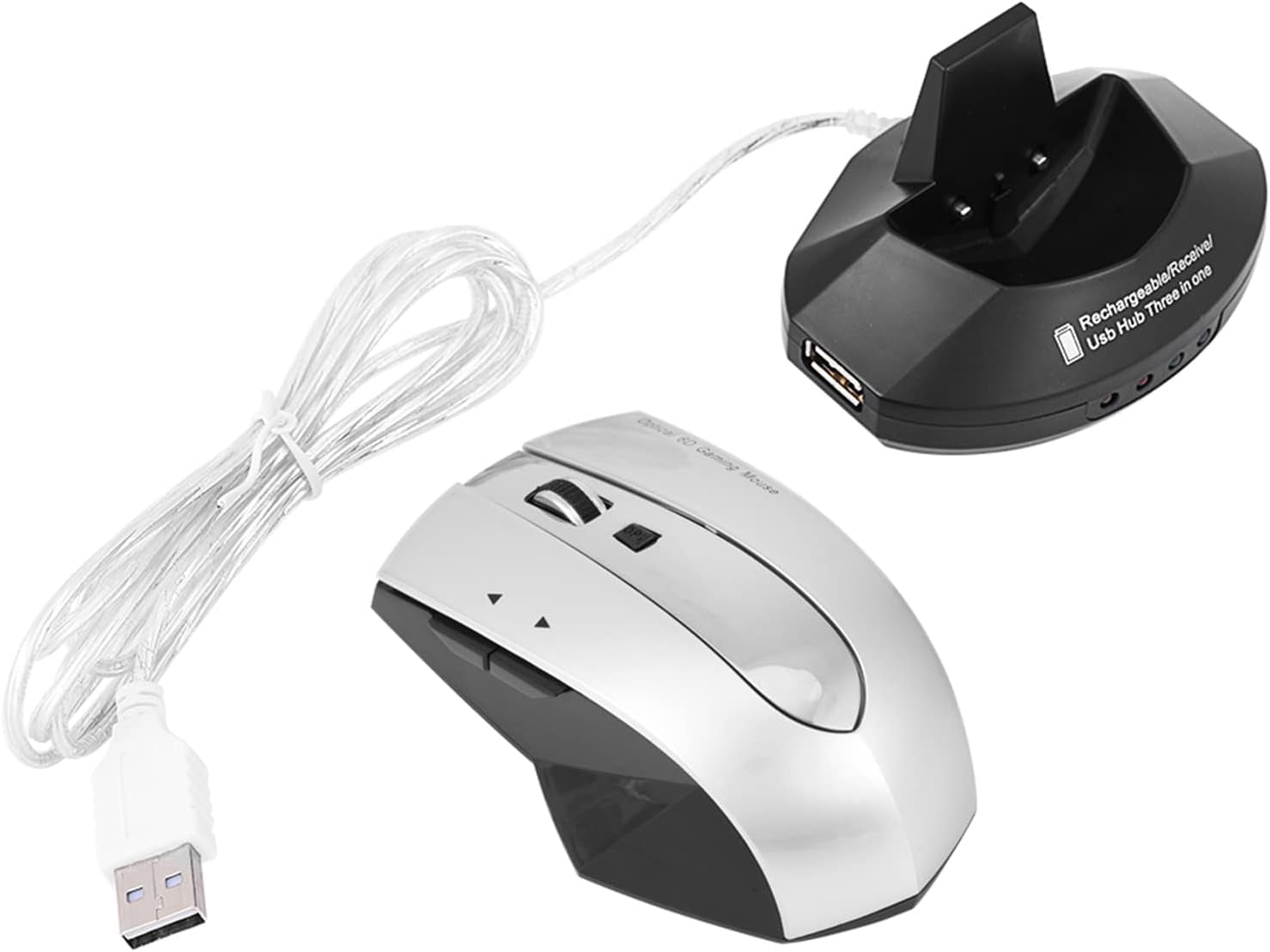 FIGT-Rechargeable Wireless Gaming Mouse with Charging Dock Stand, 2.4G 3 Port USB Hubs Cordless Mice, for PC Laptop (Gray)【0516】