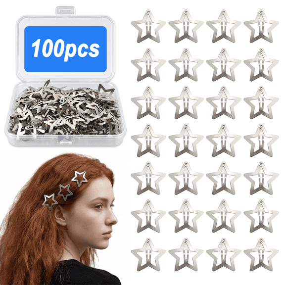 ZHUYING 100pcs 1.57"Star Hair Clips, 2000s Y2K Snap Hair Barrettes, Non-Slip Silver Metal Hair Accessories for Girls & Women