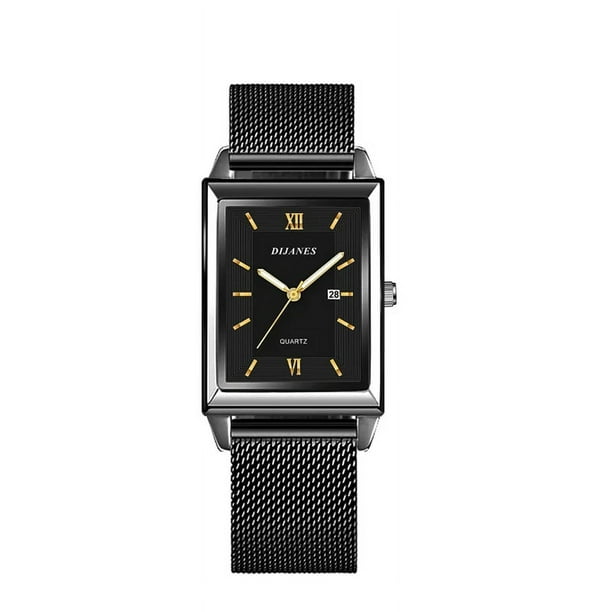 Fashion Mens Business Watches Men Rectangle Stainless Steel Mesh Belt Quartz Wrist Watch Man Casual Leather Watch Mesh Black Gold 1