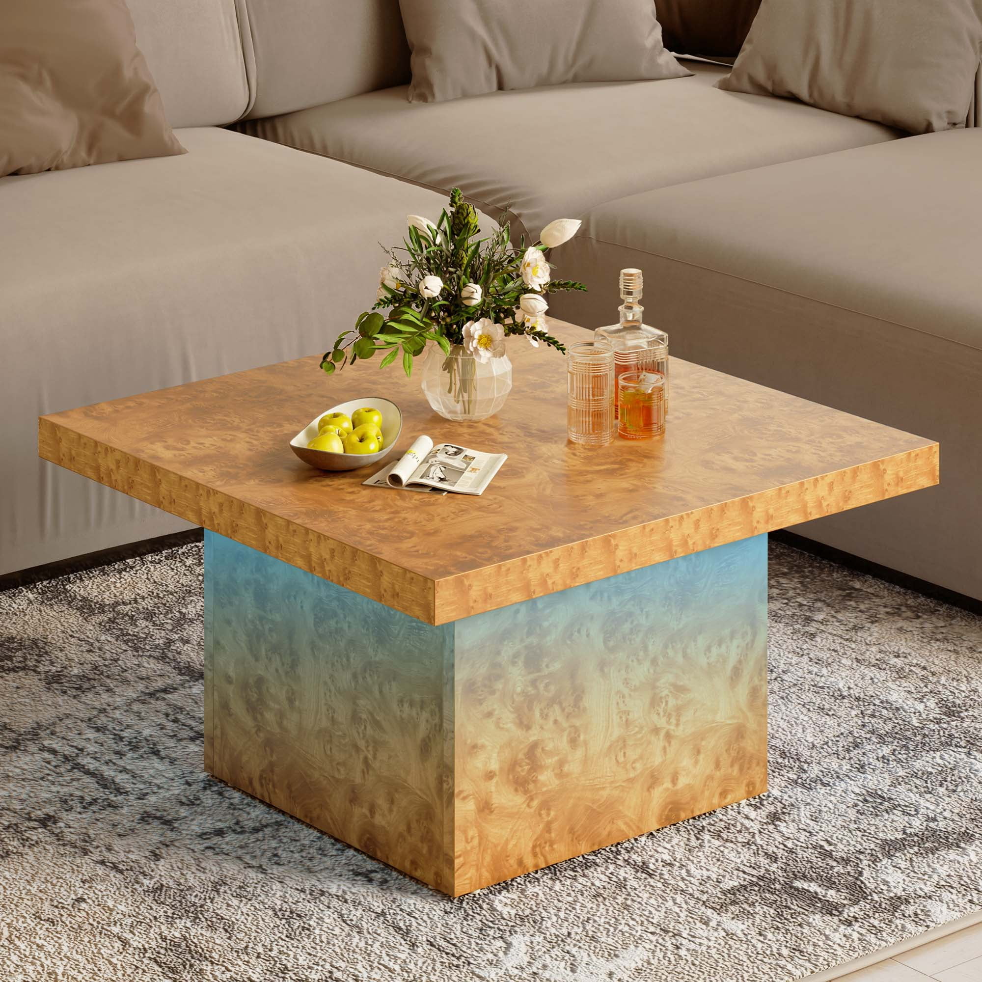 Uforic Rustic Square Coffee Table with LED Lights for Living Room, Burl Color