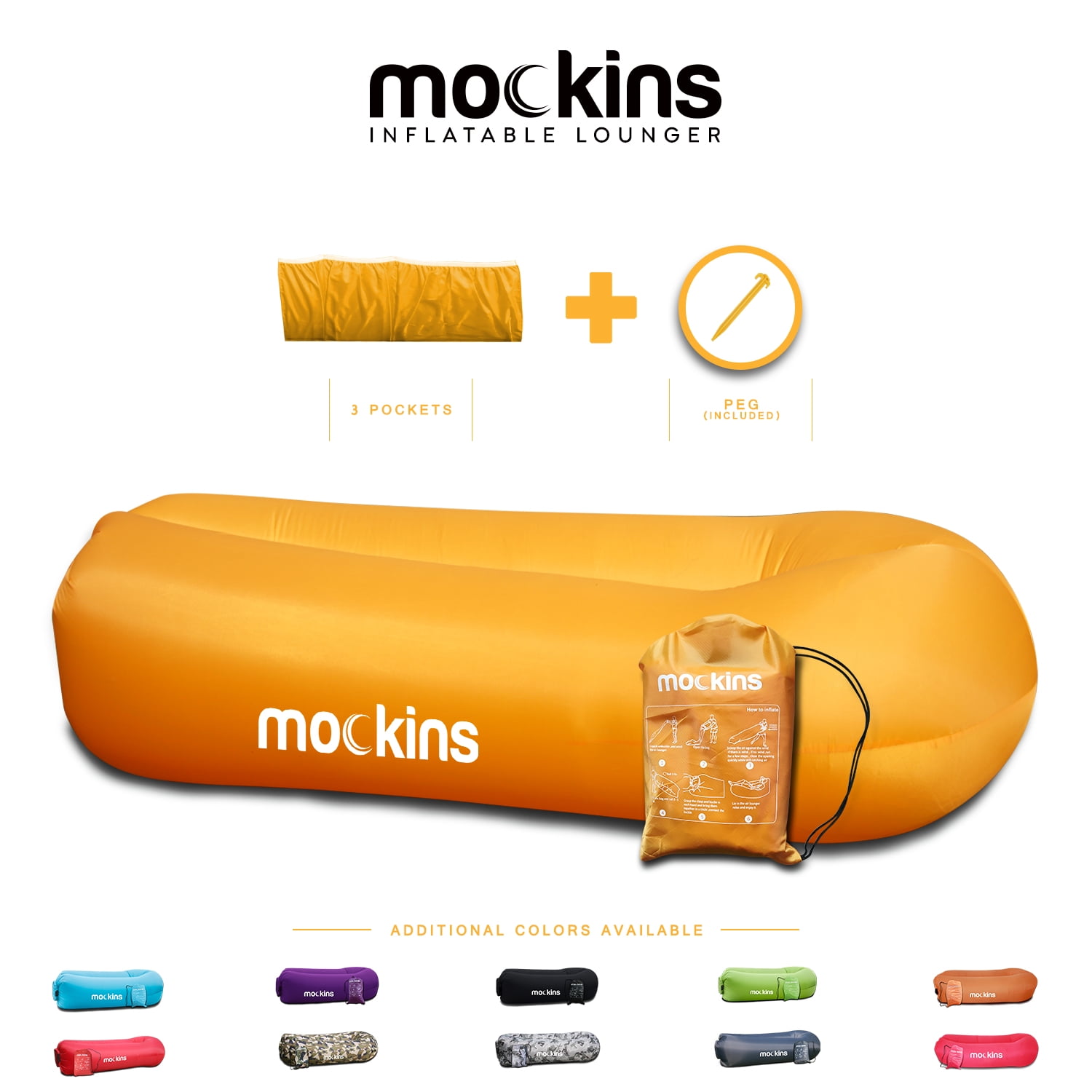 Nevlers Saffron Yellow Inflatable Lounger | Portable Beach Chair with Matching Travel Bag & Pockets | Polyester
