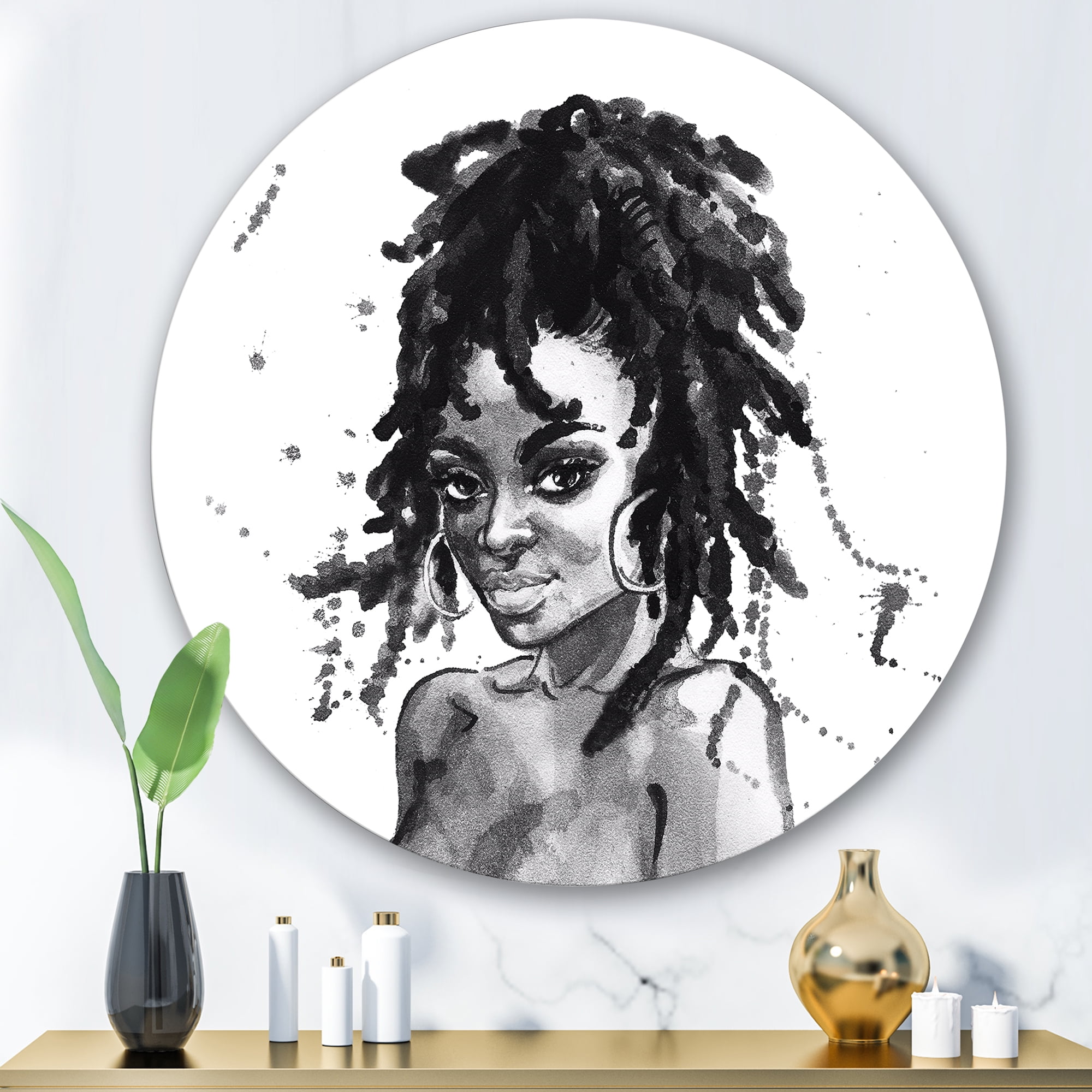 Designart 'Black and White Portrait of African American Woman II' Modern Circle Metal Wall Art 29x29 - Disc of 29