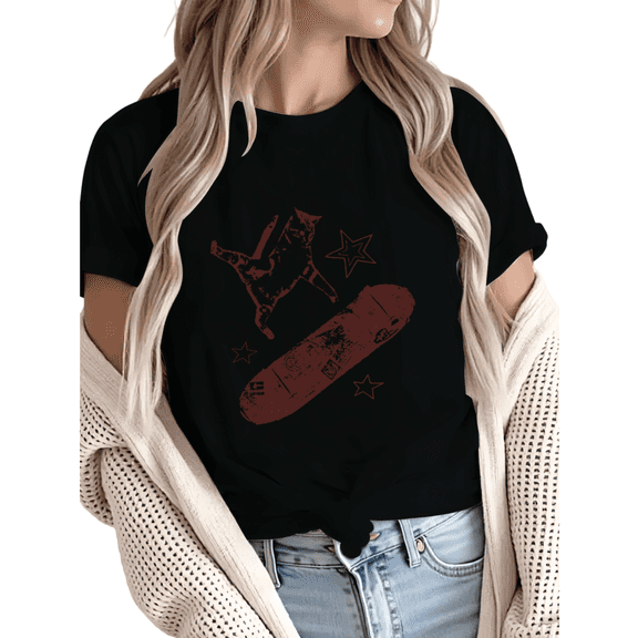 Women Skateboarding Cat Star Graphic Fun Tees Tops Round Neck Cotton T-Shirt Black S-5XL