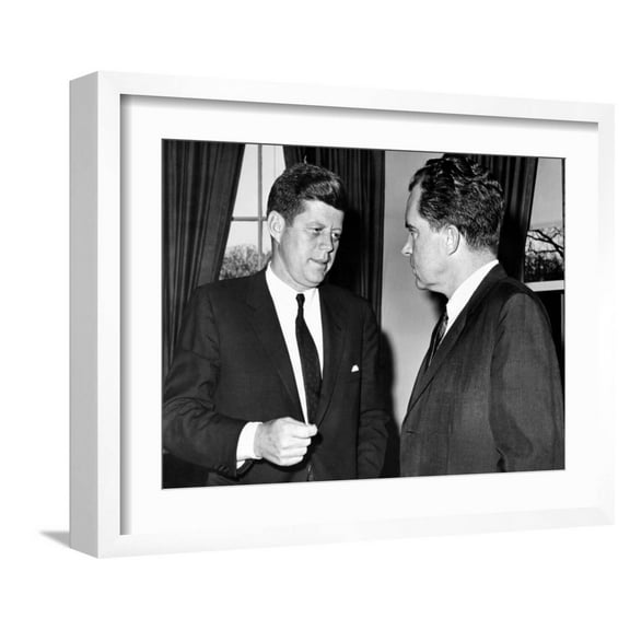 Art.com President John Kennedy Confers with Former Vice President Richard Nixon Photo, White Frame Wall Art, 21" x 17"