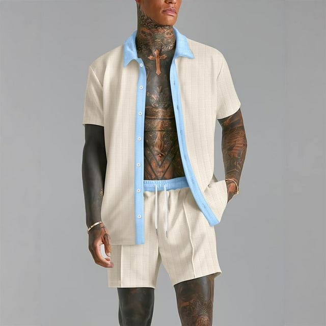 Weiqiqre Men's 2 Piece Vertical Striped Textured Outfits Summer Casual Button Down Shirts And Pants Matching Sets