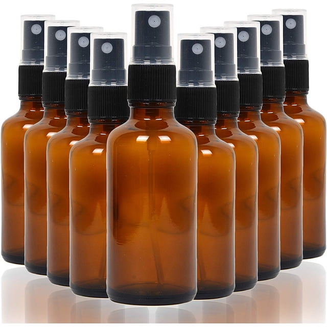 10 Pack Empty Amber Glass Spray Bottles, 4 Ounce Refillable Container for Essential Oils, Cleaning Products, or Aromatherapy
