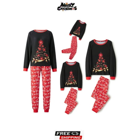 

ESASSALY Family Matching 2Pcs Pajamas Sets Black Long Sleeve Christmas Tree Print Tops + Letter Print Pants